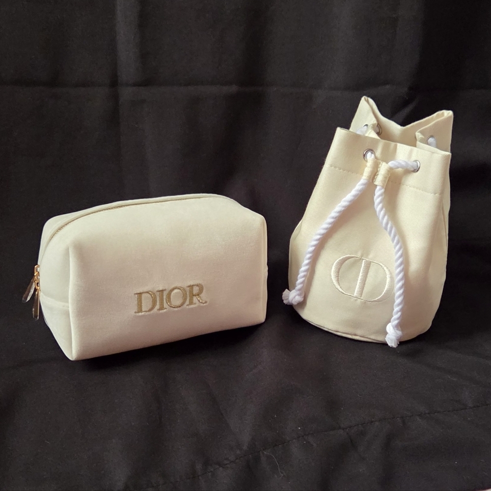 Dior Velvet Cream Cosmetic Pouch and Cotton Drawstring  Bucket Bag Set